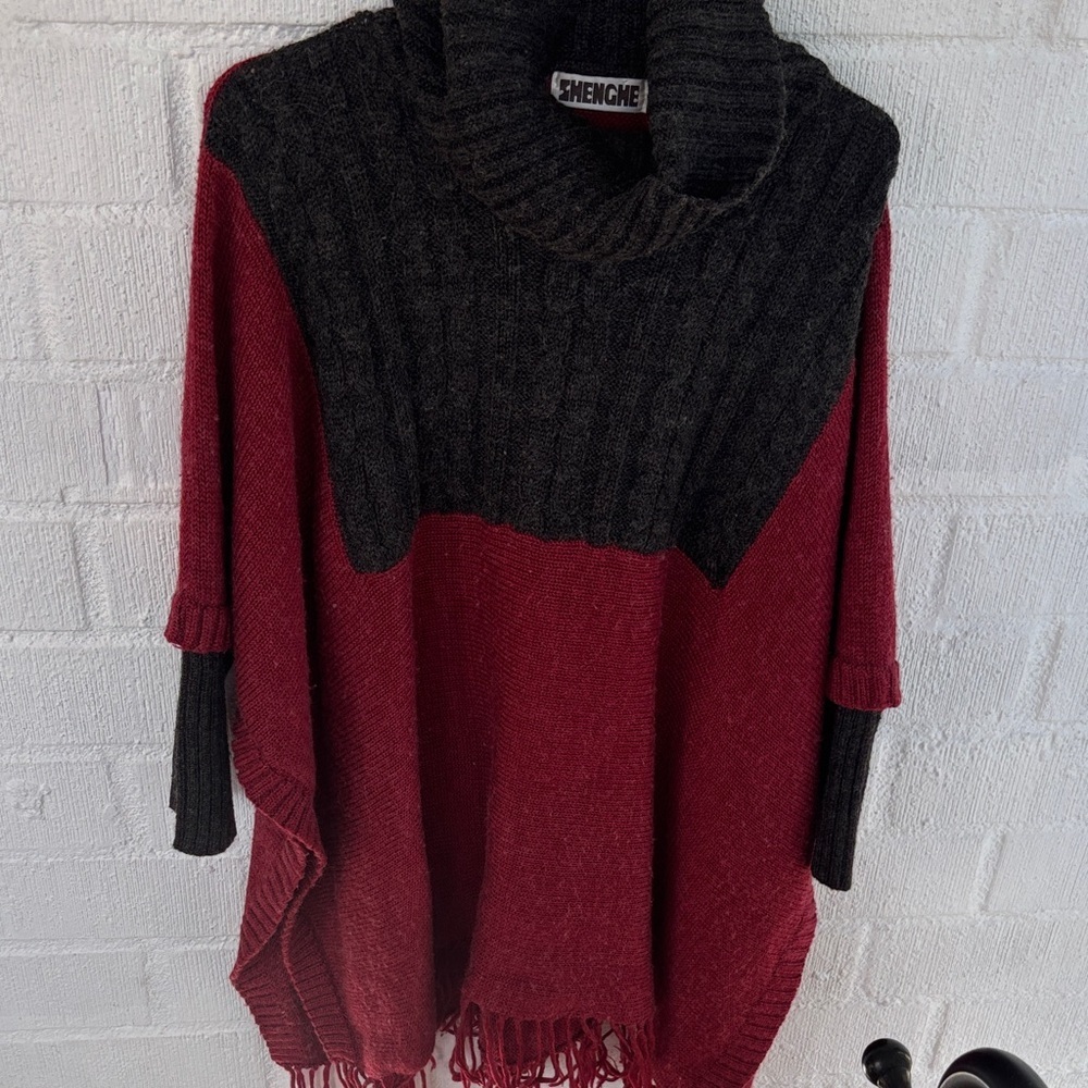Vintage Knit Poncho One Size Chic Red and Black Cowl Neck Sweater